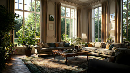 Fototapeta premium Spacious Sunlit Living Room With Large Windows