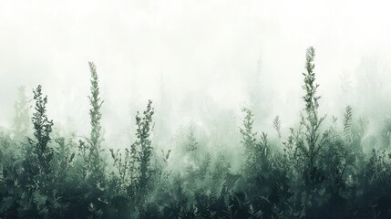 Green plants are shrouded in soft mist over a landscape