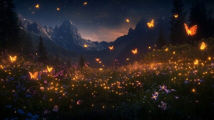 Fototapeta premium Magical night scene with glowing flowers, butterflies, mountains.
