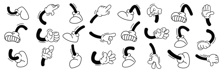 Set of retro cartoon human hands sign and cartoon leg vector illustration