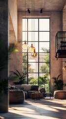 Modern industrial living room interior with large window, sunlight, and greenery