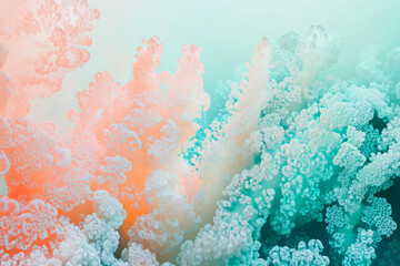 A dreamy, colorful abstract background resembling an underwater coral reef. The intricate organic formations glow in soft pastel shades of peach, sky blue, and mint green, forming a tranquil and