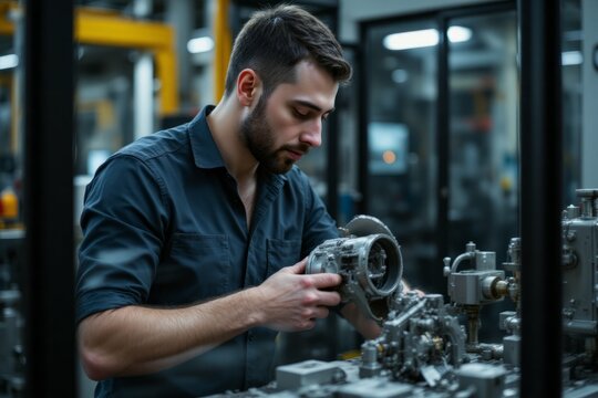A man inspects a mechanical part in a workshop environment