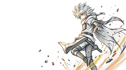 A young determined character is depicted in a dynamic pose wearing a flowing cape and brandishing a weapon surrounded by flying debris in a fantasy environment