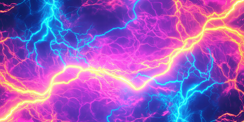 A surreal, colorful abstract background featuring radiant lightning bolts. The electric streaks in neon violet, cyan blue, and fiery crimson create a powerful, high-energy, and visually intense effect