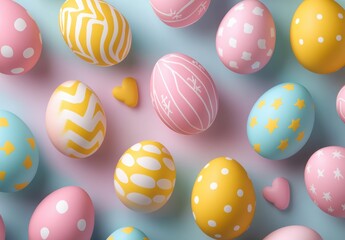 Fototapeta premium Colorful Easter Eggs on a Soft Background Perfect for Spring Celebrations and Seasonal Greetings in Decorative Designs and Patterns
