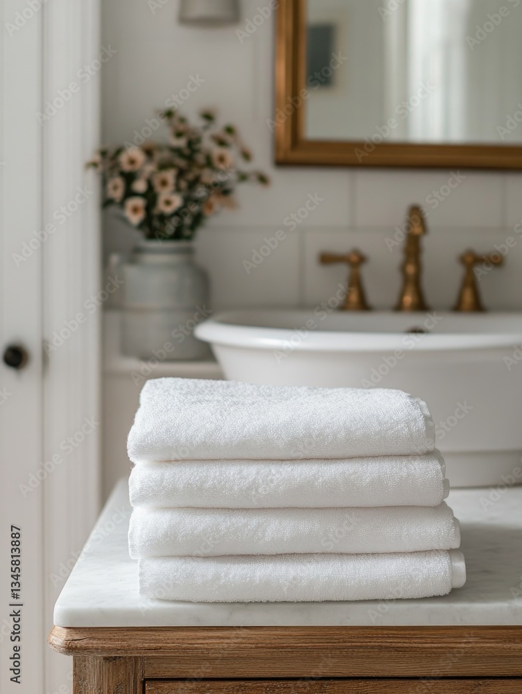 Poster a stack of white towels sitting on a counter