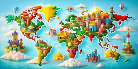 Whimsical World Map Cartoon Architecture: Colorful Global Landmark Buildings