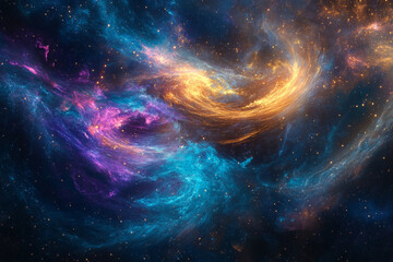 A surreal, colorful abstract background resembling a cosmic galaxy. The swirling nebulas of radiant magenta, bright cyan, and shimmering gold stretch across a deep space backdrop, evoking celestial