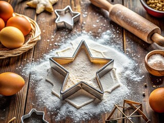 White Star Shaped Cookie Cutter on Baking Sheet with Flour, Sugar, and Ingredients
