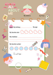 set of vector elements for design, back to school, Cute All about me, cute cartoon all about me and student, baby shower card, school all about me
