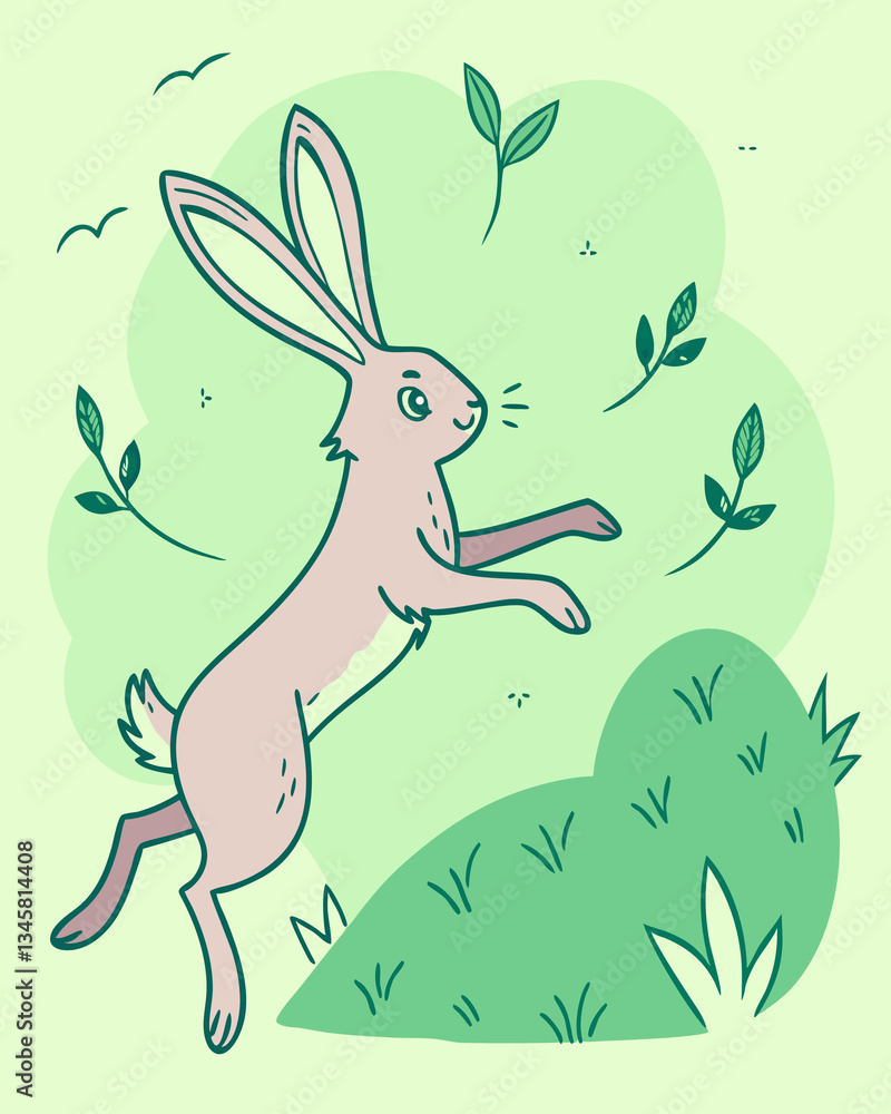 Poster a cartoon rabbit jumping in a green field with leaves floating in the background art. perfect for sp