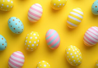 Fototapeta premium Colorful Easter Eggs on Bright Yellow Background, Vibrant Spring Decor, Festive Symbols of Renewal and Celebration for Holidays and Family Gatherings