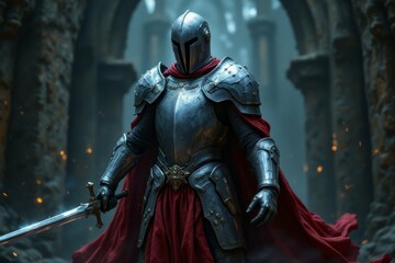Naklejka premium A knight in shining armor stands holding a glowing sword