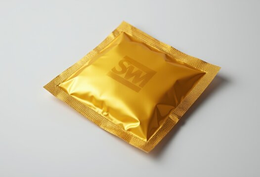  Golden condom wrapper on white background