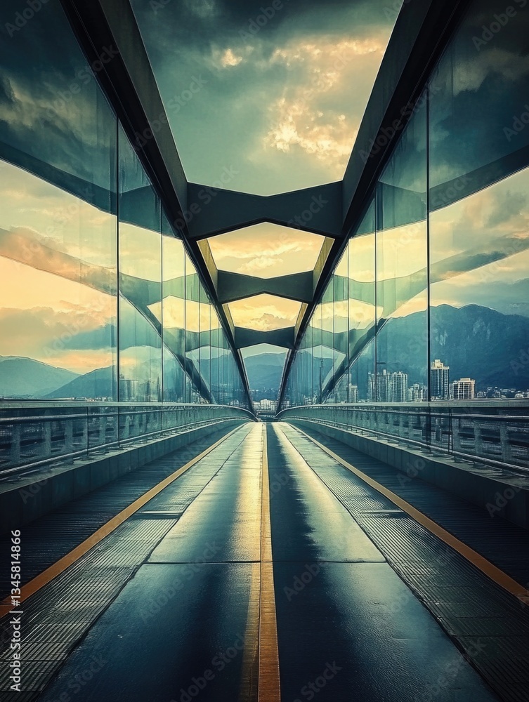 Poster a scenic image of a mountain range with a bridge in the foreground, ideal for travel or landscape ph