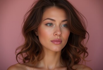 Naklejka premium Woman with wavy brown hair against pink background
