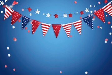 Obraz premium A colorful patriotic bunting with stars and confetti on a bright blue background, suitable for celebrating national holidays or special events