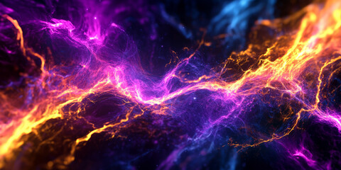 A high-energy, colorful abstract background resembling plasma electricity. The crackling streaks of neon violet, radiant cyan, and fiery gold create an intense, futuristic, and visually electrifying