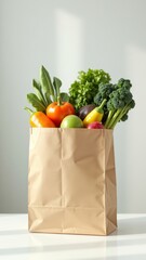 A brown paper bag filled with fresh vegetables and fruits