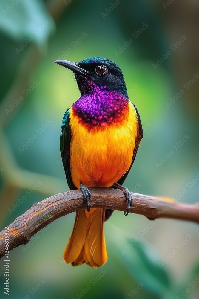 Poster a colorful bird sits atop a tree branch, ready for flight