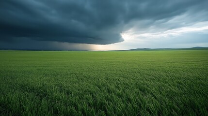 Fototapeta premium Storm clouds roll over a vibrant green rural landscape at dusk in an eerie yet beautiful display of nature's power