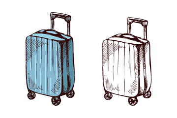 Hand-drawn sketch set of rolling suitcases, colored and monochrome vintage illustrations