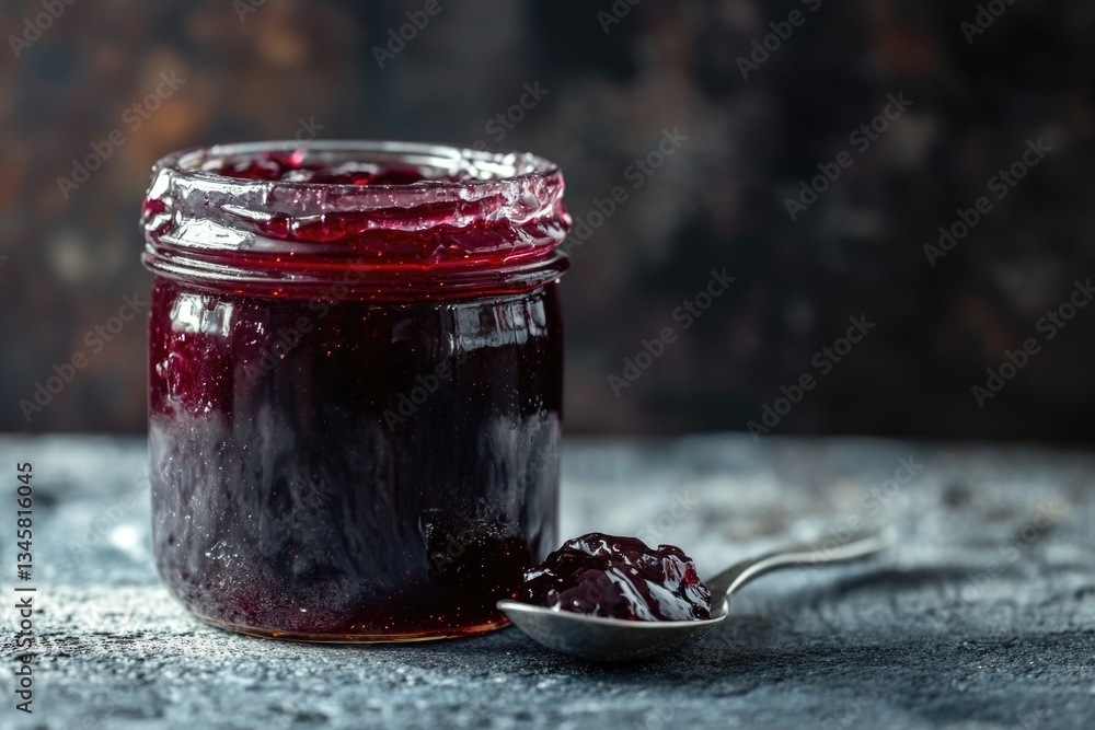 Poster a jar of jam and a spoon sit on a table, ready for use