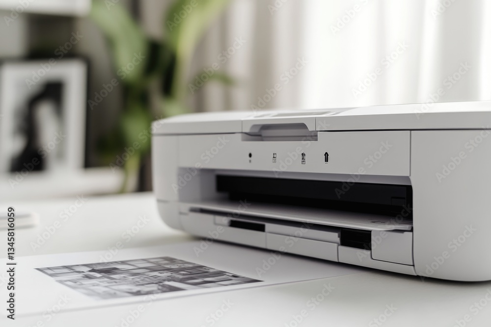 Poster a printer sitting on top of a white desk with a clean and minimalist background
