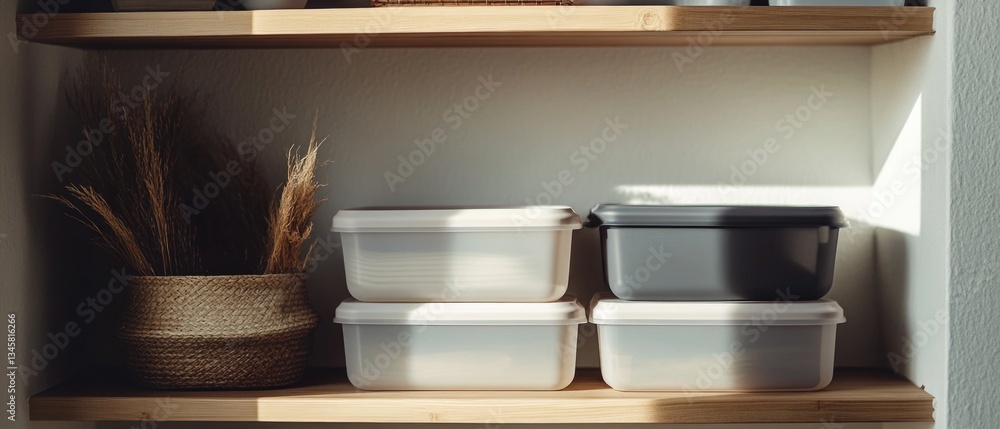 Aufkleber A shelf filled with containers and a basket on top of it