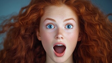 Woman with red hair and blue eyes is making a surprised face. The hair is very long and curly, and the woman's eyes are wide open