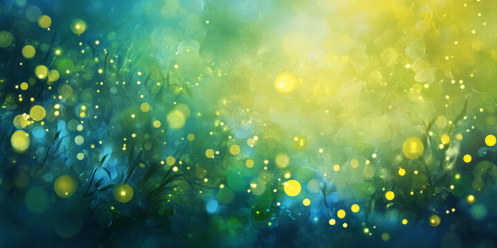 A magical, colorful abstract background featuring glowing fireflies in a twilight mist. The soft glimmers of yellow, green, and blue float gently, illuminating the ethereal landscape with enchanting
