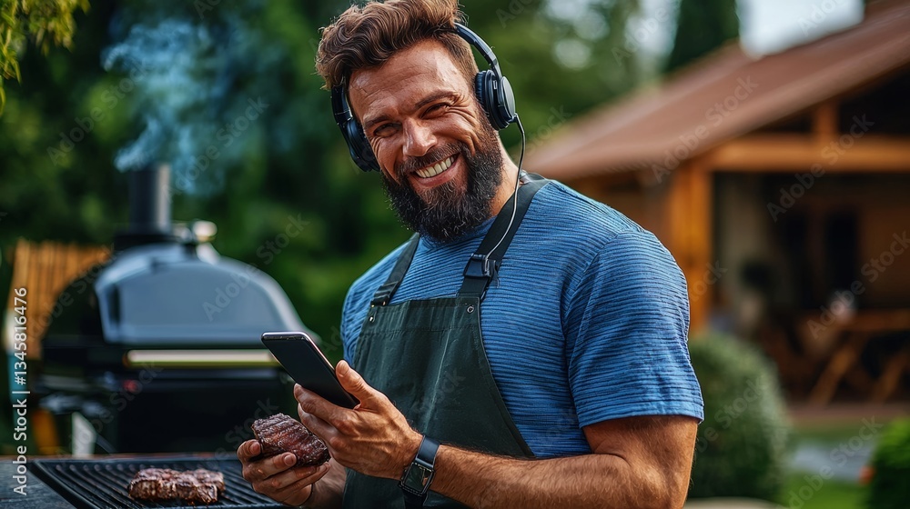 Poster man with a beard is smiling and holding a tablet while standing next to a grill. he is wearing an ap
