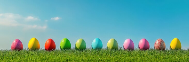 Fototapeta premium Colorful Easter Eggs on Green Grass Under Bright Blue Sky with Fluffy Clouds, Perfect for Holiday Celebrations and Spring Themes