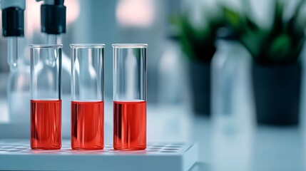Three test tubes filled with red liquid sit on a white lab bench. The lab bench is surrounded by potted plants and other lab equipment. Concept of scientific experimentation and discovery