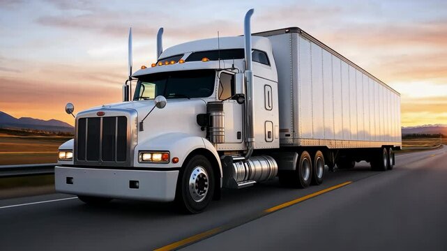 A large semi truck is driving down a road