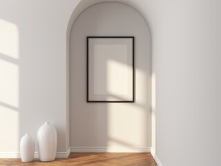 Vertical black Frame Mockup for art with passepartout hanging on the wall in arch. 3d rendering