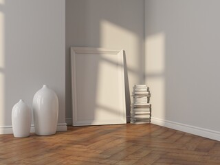 Vertical White art Poster Frame Mockup standing in the corner with stack of books. 3d rendering