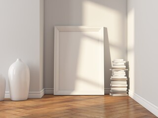 Vertical white wooden poster Frame Mockup for art standing on floor in room. 3d rendering
