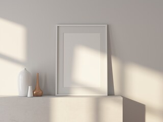 Vertical white poster Frame Mockup for art with passepartout standing in room with vases. 3d rendering