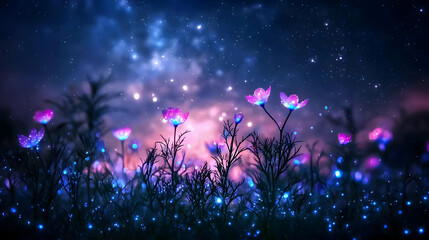 Glowing Flowers Illuminated At Night In A Starry Field With Pink And Blue Tones