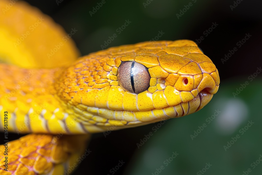 Poster a detailed shot of a yellow snake's head, highlighting its unique features and texture