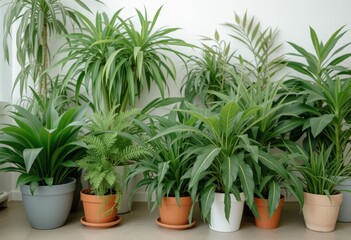  Collection of various potted indoor plants arranged neatly against a white wall on a light wooden floor