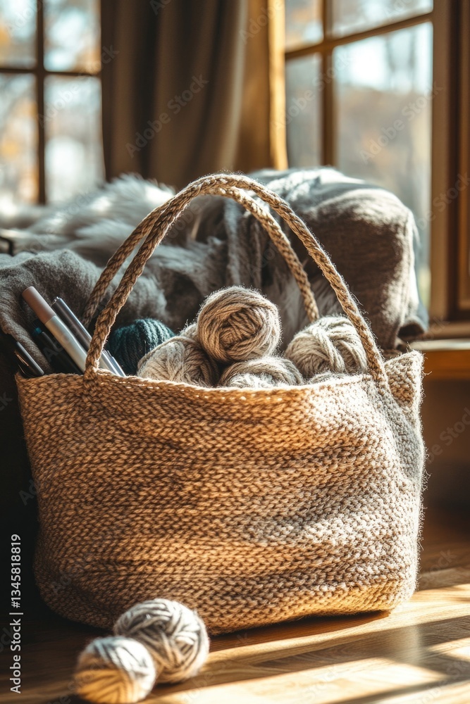 Poster a basket filled with yarn sits next to an open window, offering a cozy view