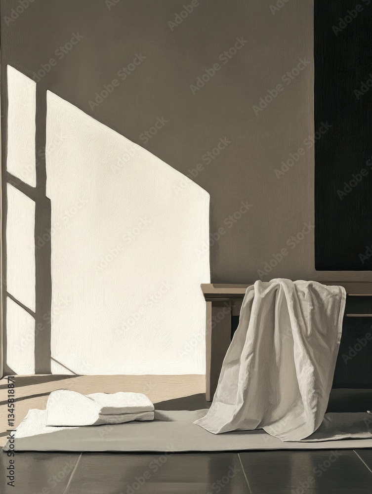 Poster a white sheet resting on the floor beside a window, perfect for use in interior design or minimalist