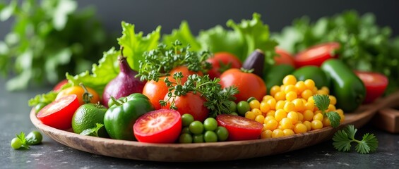 Fresh and vibrant, a colorful medley of vegetables on a wooden plate - obrazy, fototapety, plakaty