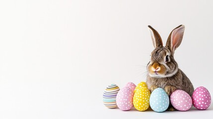 A playful rabbit sits beside a row of brightly colored eggs, creating a cheerful atmosphere perfect for Easter cards and festive decorations