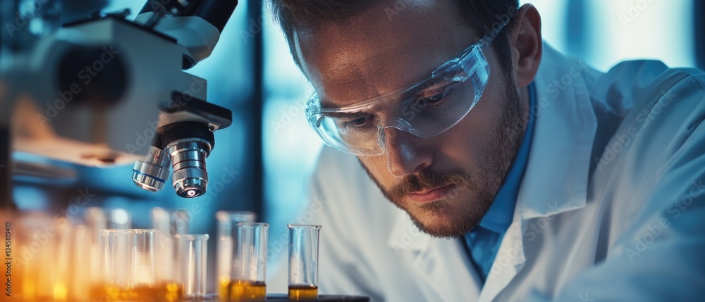 Poster a scientist in a lab coat and goggles examines a microscopic sample