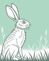 A stylized hare sitting in grass with long ears against a light green background. Perfect for Spring Invitations, Holiday Branding, and Creative Event Projects