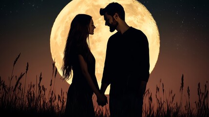Couple is holding hands in front of a large moon. Concept of romance and intimacy, as the couple stands close together in the moonlight. The silhouettes of the couple and the moon create a dramatic
